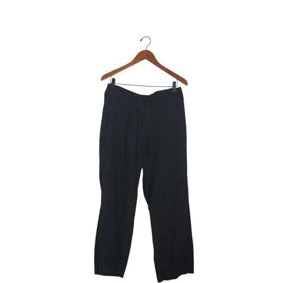 Kim‎ Rogers Pure Black Linen Wide Leg Pants Pockets Women's Size 14 Petite - Picture 1 of 3